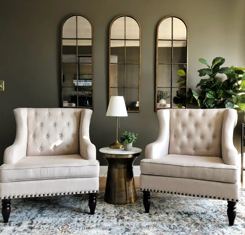 sitting area interior design, olive tones